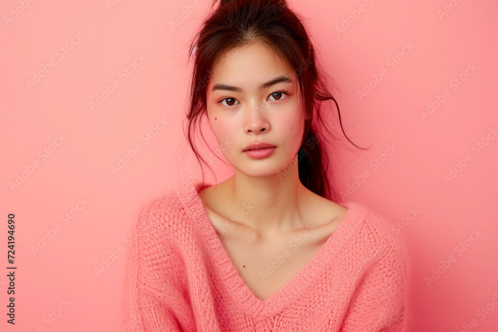 A young asian female, wearing a peach sweater. She has perfect skin and captivating large eyes, A young asian female, wearing a peach sweater. She has perfect skin and captivating large eyes,