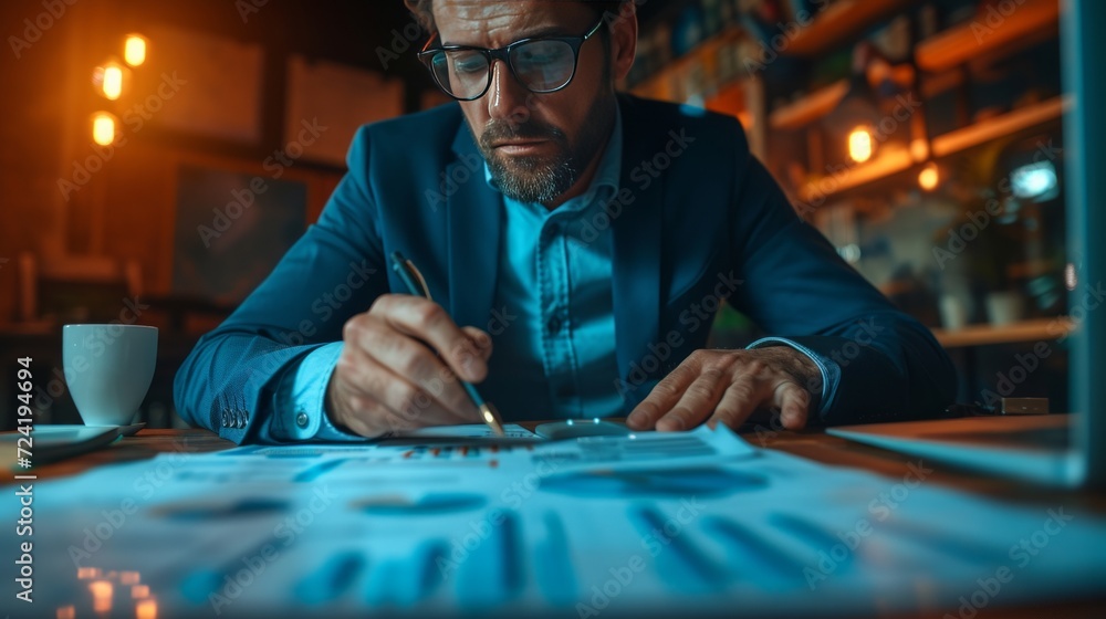 A businessman reviews financial graphs A businessman reviews financial graphs