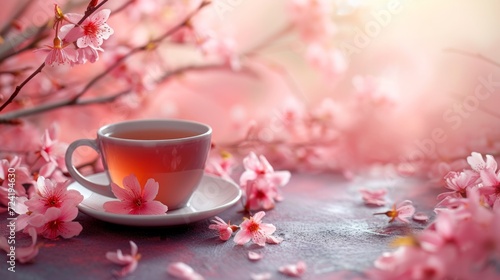 a cup of tea is on table with floral cherry branches large copyspace area