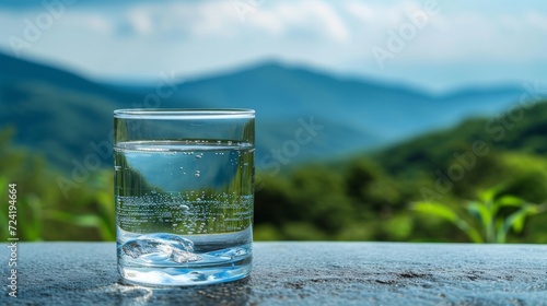 A Clear Glass of Water against a Mountainous Backdrop