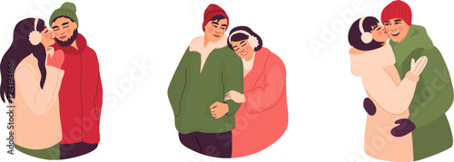 Beautiful young couples hugging and kissing, isolated on a white background. Romantic dates in winter. 