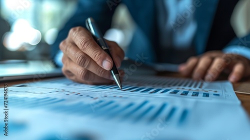 A businessman reviews financial graphs