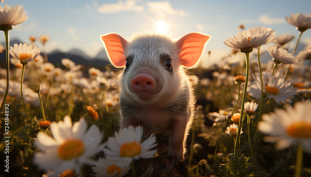 Cute piglet grazing on green meadow, surrounded by wildflowers generated by AI Cute piglet grazing on green meadow, surrounded by wildflowers generated by AI