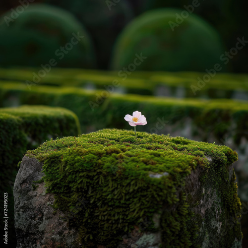 Small flower growing out of a mossy rock in an outdoor setting