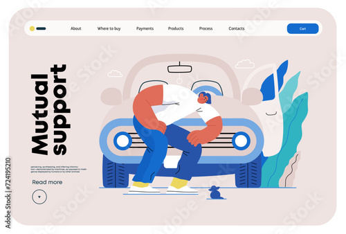 Mutual Support: Adopting a stray animal -modern flat vector concept illustration of man stopping his car for a kitten on the road A metaphor of voluntary, collaborative exchanges of resource, services