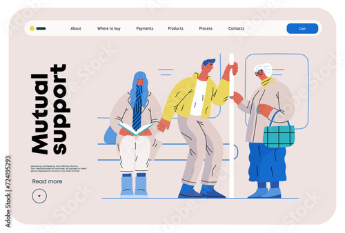 Mutual Support Giving up seat in public transport -modern flat vector concept illustration of man offering his seat to elderly woman on bus A metaphor of voluntary, collaborative exchanges of services