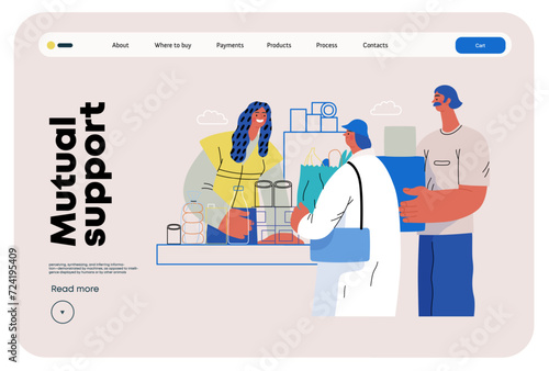Mutual Support: Bringing groceries to food bank -modern flat vector concept illustration of people donating food to food pantry A metaphor of voluntary, collaborative exchanges of resource, services