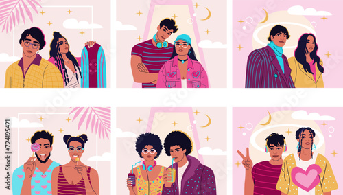 A big set of couple portraits in colourful flat style. Collection of trendy multiethnical couple posters.