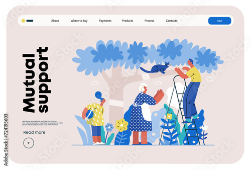 Mutual Support: Rescue cat from tree -modern flat vector concept illustration of elderly woman and man on a ladder under the tree Metaphor of voluntary, collaborative exchanges of resource, services