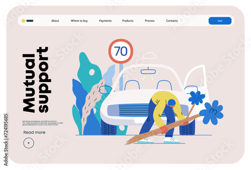 Mutual Support: Clearing an obstacle from the way -modern flat vector concept illustration of a man removing a fallen branch from the road A metaphor of voluntary, collaborative exchanges of services