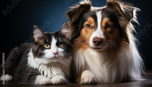 Cute puppy and fluffy kitten sitting together, looking at camera generated by AI