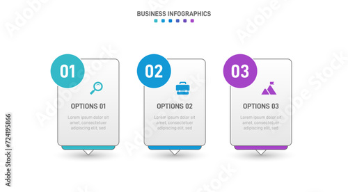 Timeline infographic with infochart. Modern presentation template with 3 spets for business process. Website template on white background for concept modern design. Horizontal layout.