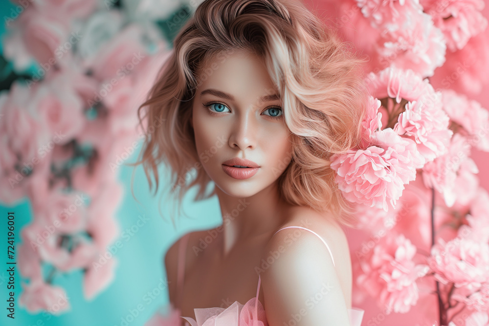 a girl with short blond hair surrounded by blooming light pink trees, sakura, on a turquoise and pink background in the studio