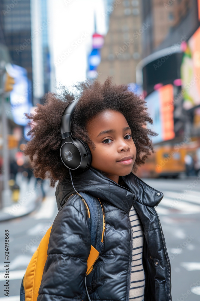 a young african girl with afro hair and wireless headphones listening to music is crossing a street