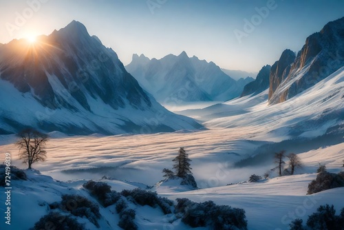 A tranquil morning scene, where layers of mountains rise majestically, their contours softened by the winter fog and the first light of day. photo