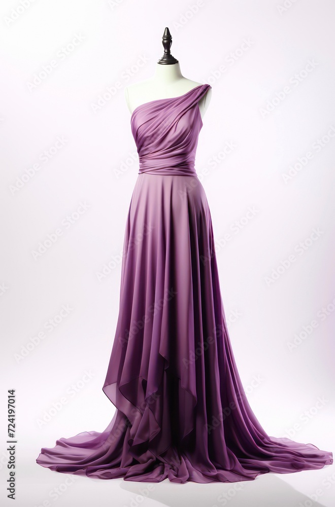 Long evening purple female dress on a mannequin on white background. Long evening purple female dress on a mannequin on white background.