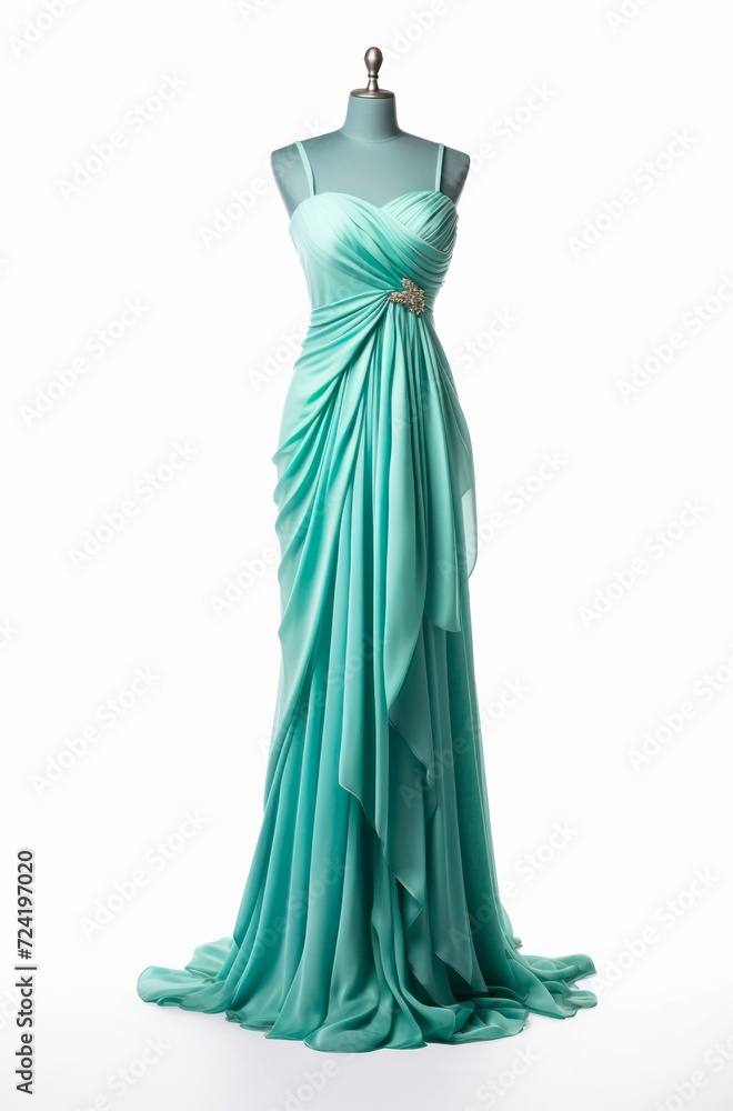 Long evening light blue female dress on a mannequin on white background. Long evening light blue female dress on a mannequin on white background.