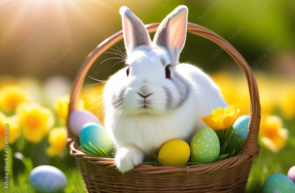 Easter rabbit sitting in basket with colorful eggs. Floral sunny blurred background Easter rabbit sitting in basket with colorful eggs. Floral sunny blurred background
