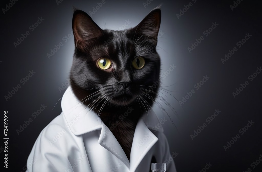 black cat-chemist, in a white coat, plain background, studio photo black cat-chemist, in a white coat, plain background, studio photo