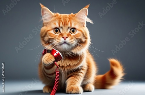 red chubby cat holds a phone in its paws