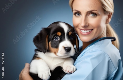 veterinarian holding a dog in his arms, plain light background, view from afar