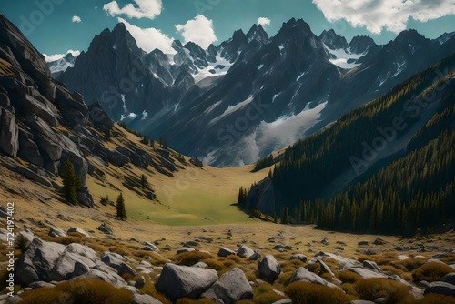 A wide view of a rocky, high-mountain meadow, sparse larch trees scattered about, with the grandeur of a mountain range in the background, creating a scene of natural splendor photo