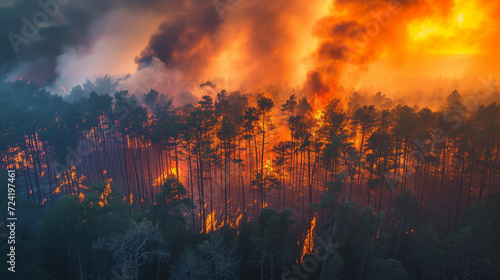 Photograph of a large forest fire. Nature wildfire. photo