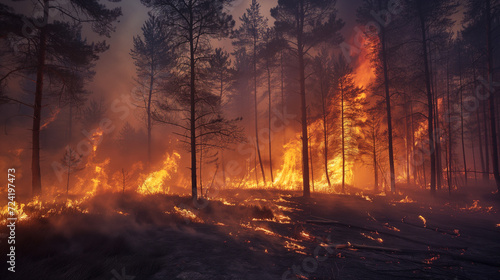 Photograph of a large forest fire. Nature wildfire.