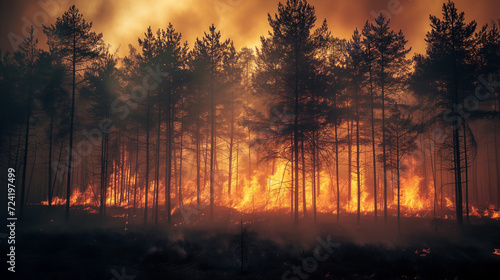 Photograph of a large forest fire. Nature wildfire.