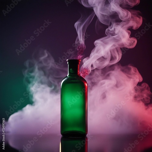 Mystical Elixir: Enigmatic Mist Emerging from Captivating Bottle with Smoky Vapor - Mesmerizing Vape photo