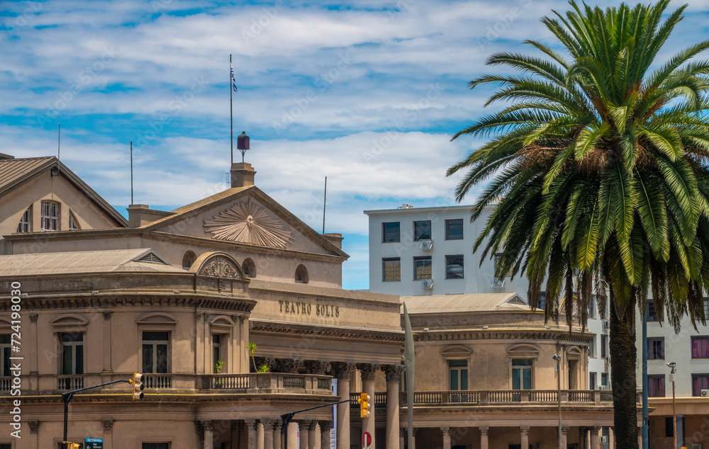 Naklejka premium Historical buildings along Independence square, Montevideo, Uruguay, including the iconic Teatro Solis, the oldest Opera House in South America