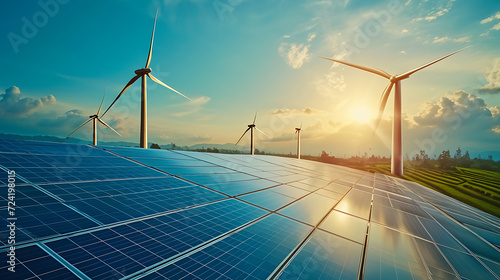 A photo of a wind farm, the concept of green energy. care for the environment when generating electricity. Generative AI