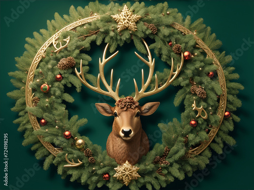 Festive Reindeer Head Wreath: Generated by AI photo