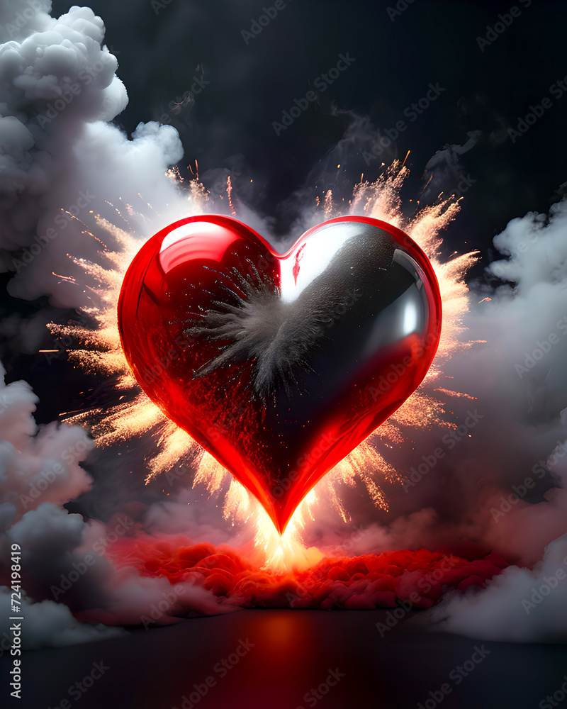 Walentynki, czerwony wzór serca w kłębach dymu - obrazy, fototapety, plakaty 