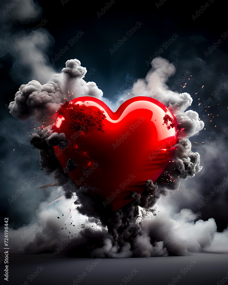 Walentynki, czerwony wzór serca w kłębach dymu - obrazy, fototapety, plakaty 