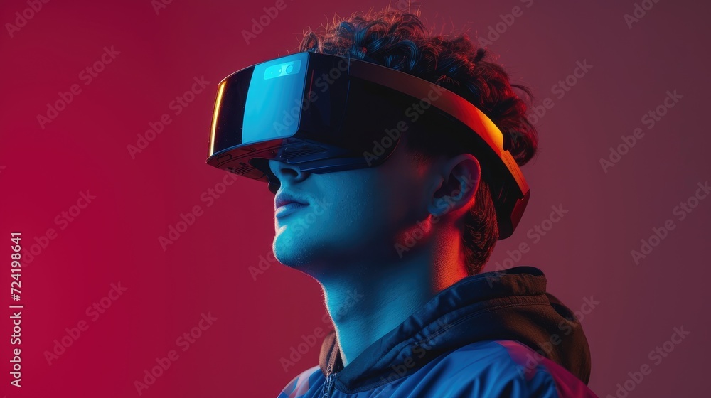 Young man in virtual reality headset. Studio shot on red background. Young man in virtual reality headset. Studio shot on red background.