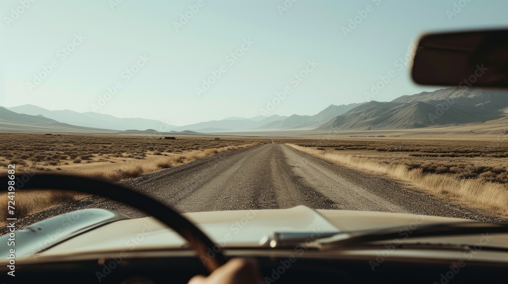 Generative AI, road trip aesthetic concept, muted neutral colors, happy travel, enjoy holidays and relaxation	
