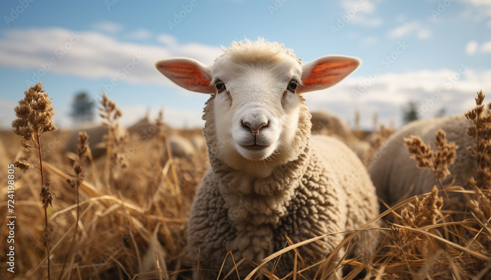 Fototapeta premium Cute lamb grazing in a meadow, looking at camera generated by AI