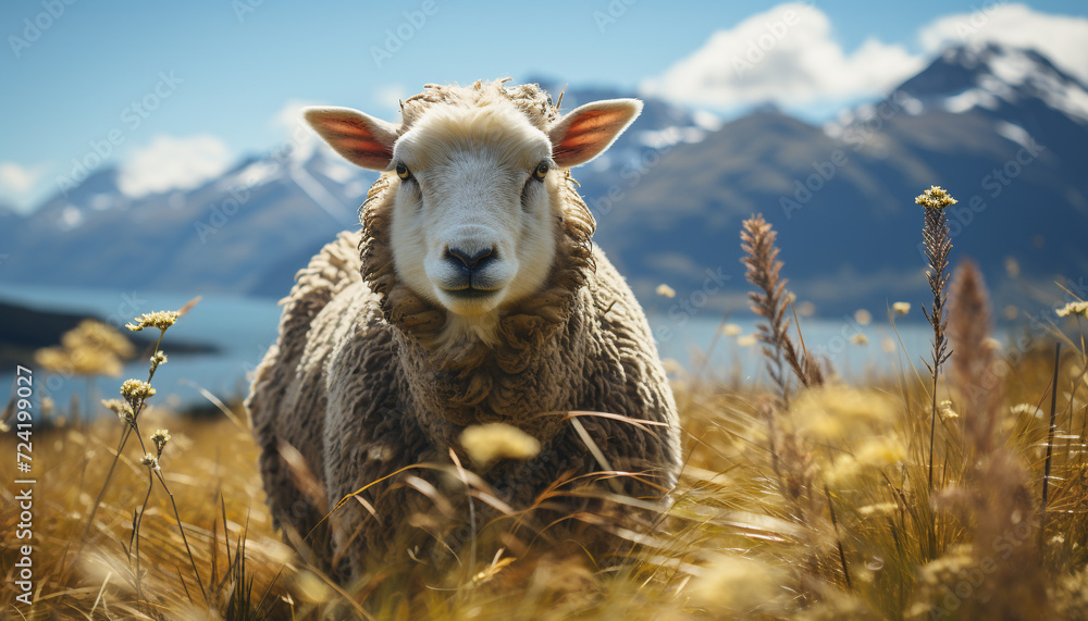 Obraz premium Cute young lamb grazing in green meadow under sunny sky generated by AI