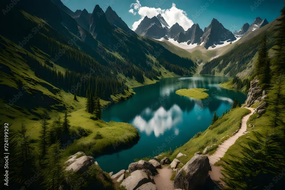 A captivating mountain landscape, where a hiking path gently ascends to a vantage point overlooking a hidden lake, nestled amidst towering peaks and lush greenery.