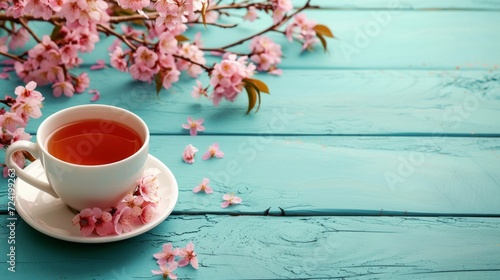 a cup of tea is on table with floral cherry branches large copyspace area