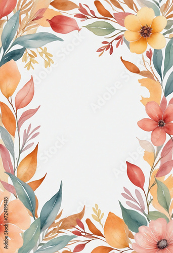 Pastel Watercolor Flower Frame with Hand-Painted Autumn Leaves - Cute Design for Templates, Weddings, and Fall Decorations © SR07XC3