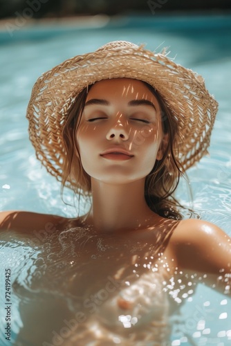 a picturesque scene of a young woman lounging in a pool