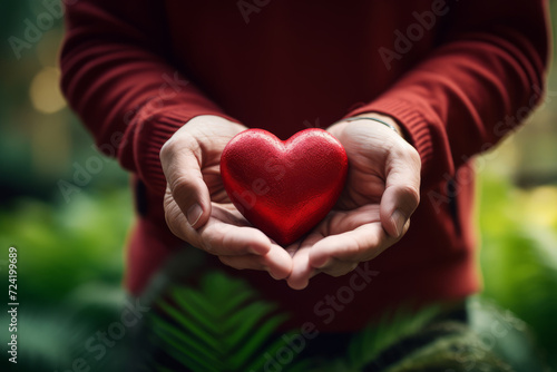 Hands holding red heart outdoors  with blurred green nature background. Love  help  social responsibility  donation  charity  ecology  gratitude  appreciate  world heart day concept