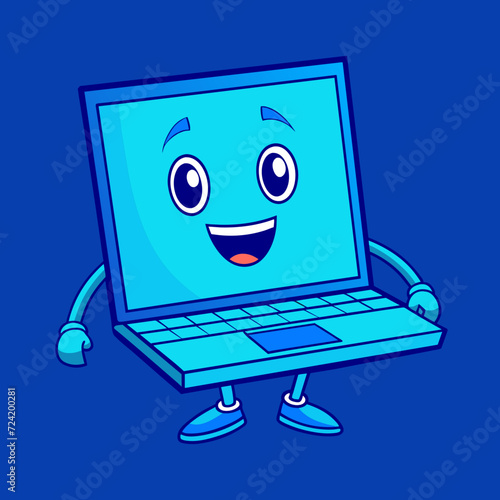 Laptop fun cartoon character with arms and legs. Computer with screen, keyboard and touchpad for children. Vector illustration