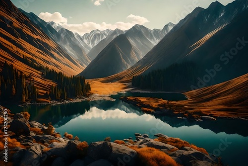 A wide, sweeping view of a mountainous region, a large lake at its heart, encircled by towering mountains, the whole landscape bathed in the warm hues of the afternoon sun