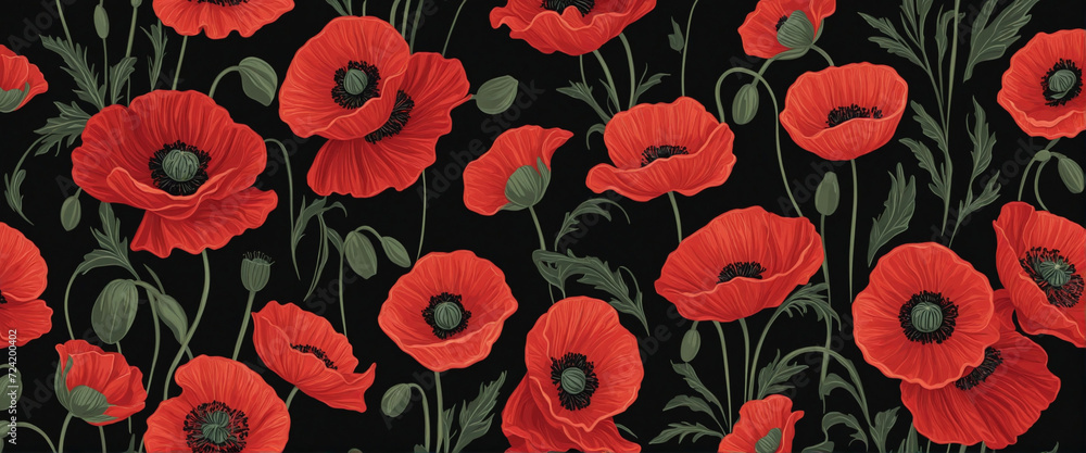 Red poppies on black background. Creative Poppy flowers banner background. Remembrance Day. AI generative Red poppies on black background. Creative Poppy flowers banner background. Remembrance Day. AI generative