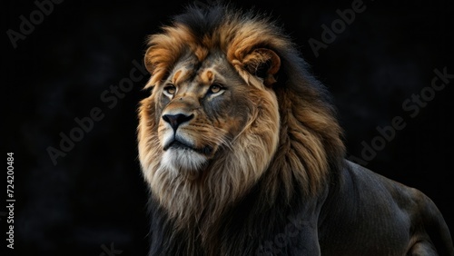 Majestic Lion king   Portrait on black background  Wildlife animal.  generative  ai.