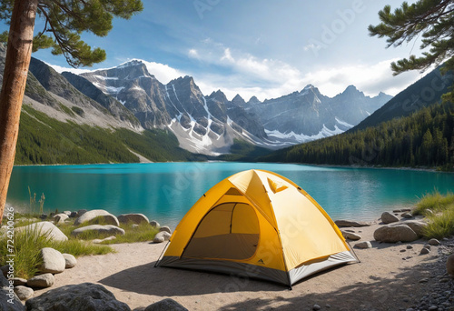 Yellow camp tent near the lake with mountains view. Generative AI
