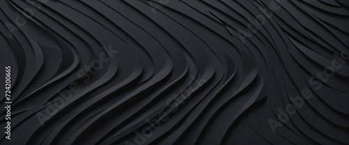 Abstract black paper texture background. Minimal paper cut style composition with layers of geometric shapes and lines in monochrome black color. Top view